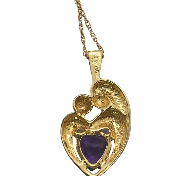 Mother & Child14K Gold Amethyst Heart Pendant Necklace 18" - Picture 7 of 16